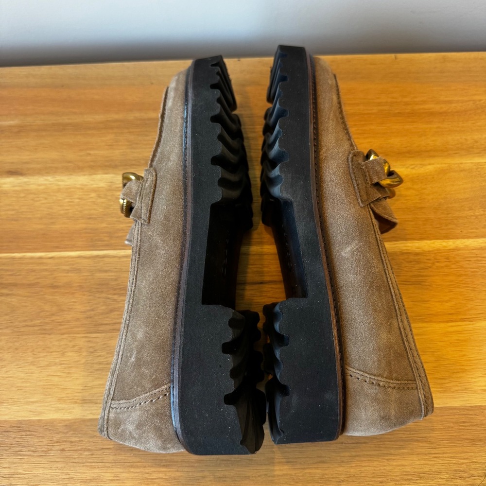 Gabor Women‎ 7.5 UK 5 Tan Suede Chunky Chain Link Loafers Lug Sole Shoes Preppy - Picture 6 of 16